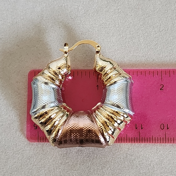 Tricolor Gold Filled Chunky Hoop Earrings Greek Key Design - Picture 8 of 8